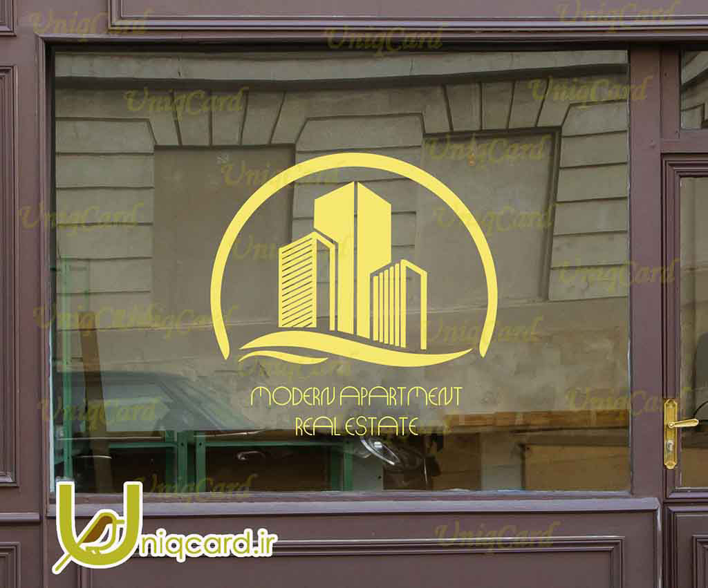 طرح لایه باز استیکر و برچسب شیشه مشاور املاک با طرح برج و آپارتمان