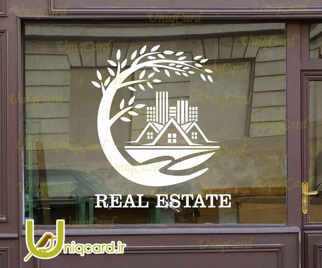 طرح لایه باز استیکر و برچسب شیشه مشاور املاک با طرح خونه و آپارتمان و درخت زندگی