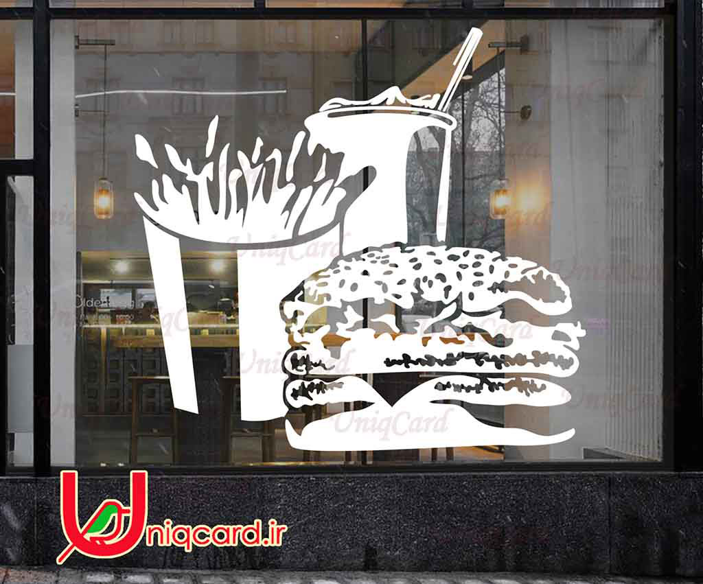 طرح لایه باز CDR ایلوستریتور استیکر و برچسب دیوار و شیشه فستفود و رستوران با طرح برگر و سیب زمینی و نوشابه