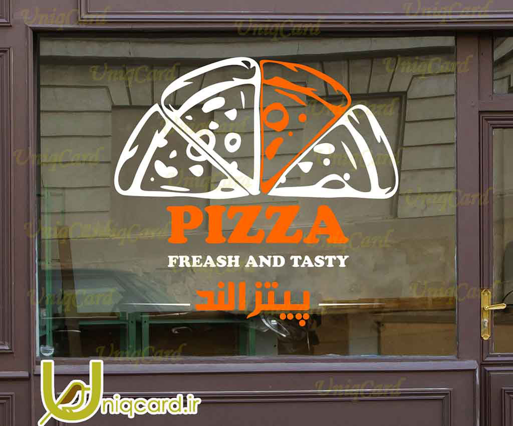 طرح لایه باز استیکر و برچسب دیوار و شیشه رستوران با طرح اسلایس های پیتزا