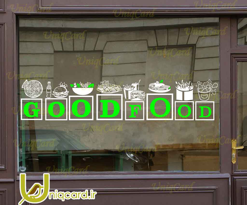 طرح لایه بازاستیکر و برچسب شیشه فستفود با طرح ساندویچ و برگر و پیتزا و پاستا پنه و سالاد