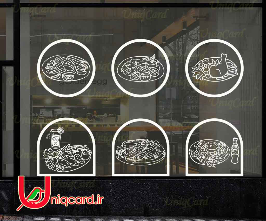 طرح لایه باز استیکر و برچسب شیشه رستوران با طرح کباب کوبیده و شیشلیک و جوجه و ماهی و زرشک پلو و نوشابه