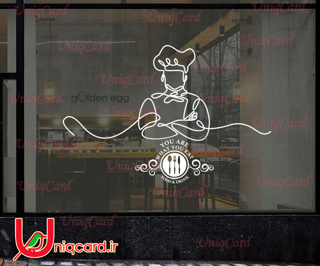 وکتور خطی استیکر و برچسب شیشه رستوران با طرح آرت لاین سرآشپز و لوگو رستوران