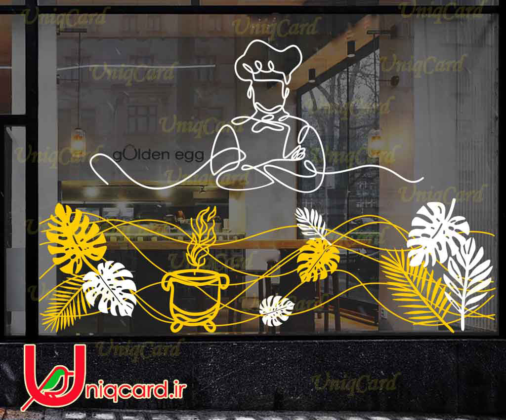 وکتور خطی استیکر و برچسب شیشه رستوران با طرح برگ های استوایی طلایی و سفید و سرآشپز