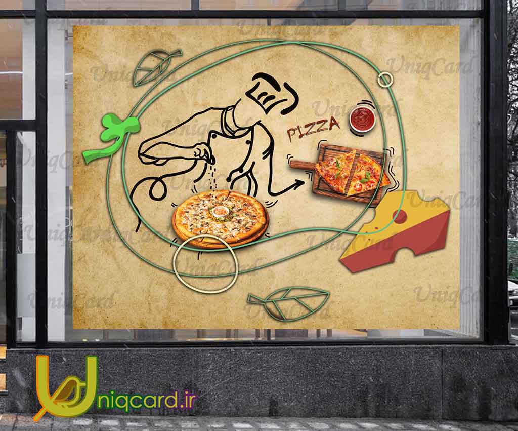 فایل لایه باز PSD فوتوشاپ استیکر و برچسب دیوار و شیشه فستفود با طرح سرآشپز و پیتزا و پنیر