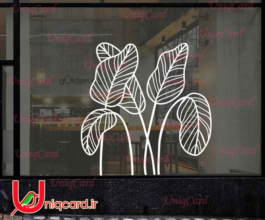 طرح استیکر و برچسب شیشه مغازه با طرح برگ های پهن استوایی