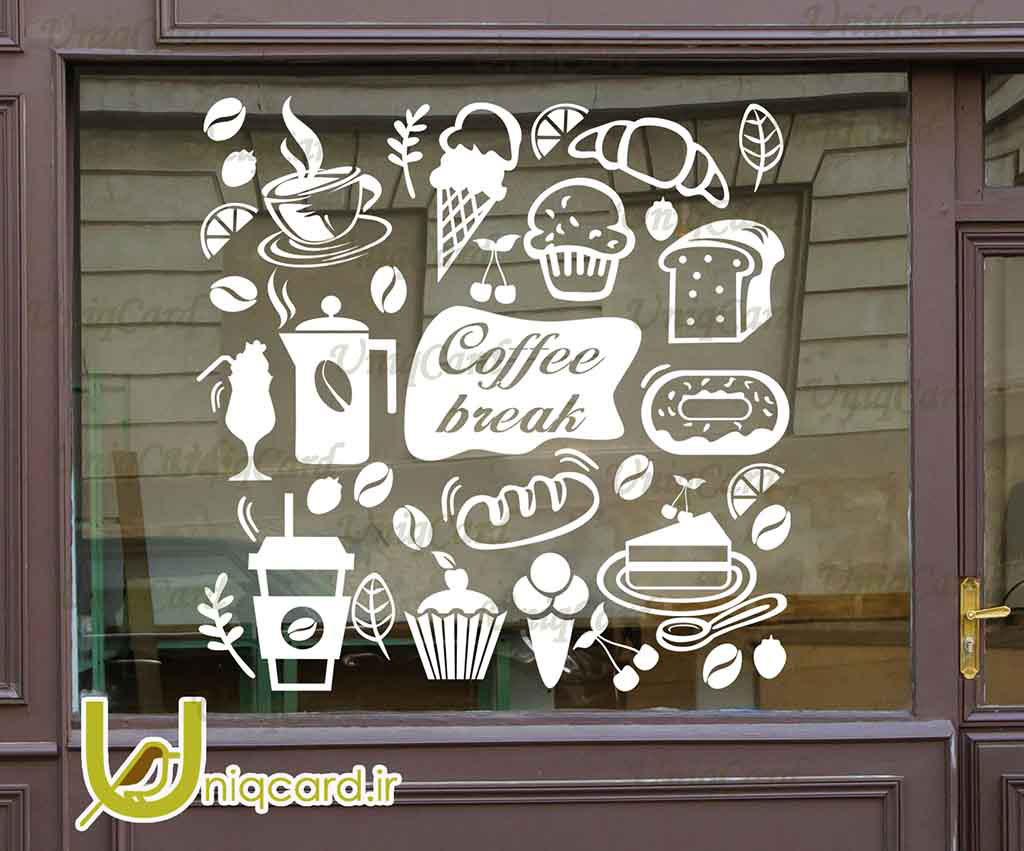 طرح لایه باز CDR کورل دراو استیکر و برچسب دیوار و شیشه کافی شاپ با طرح کروسان و قهوه و کیک و بستنی