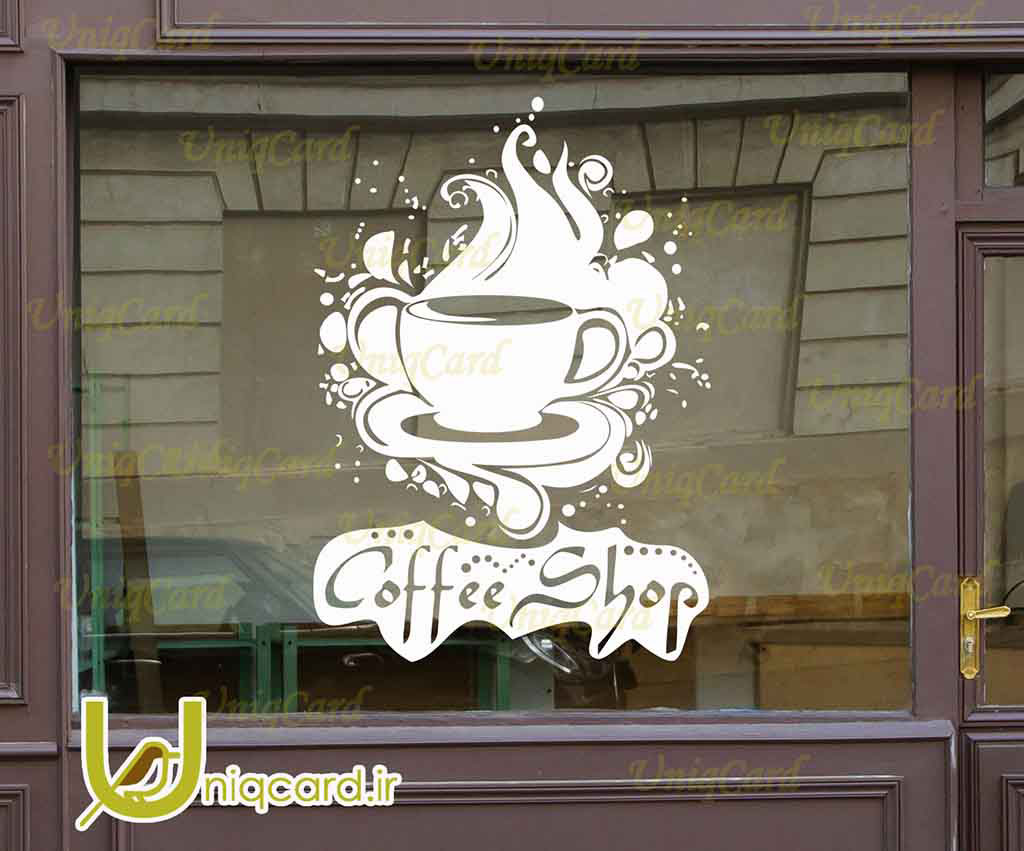 طرح لایه باز استیکر و برچسب شیشه کافی شاپ با طرح فنجون قهوه و قطرات قهوه پاشیده شده