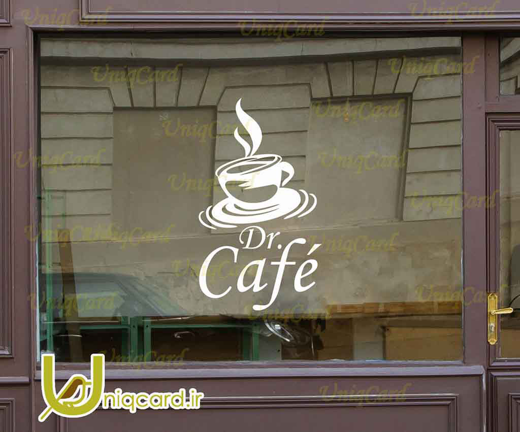 طرح لایه باز استیکر و برچسب شیشه کافی شاپ با طرح فنجون قهوه و دکتر کافه