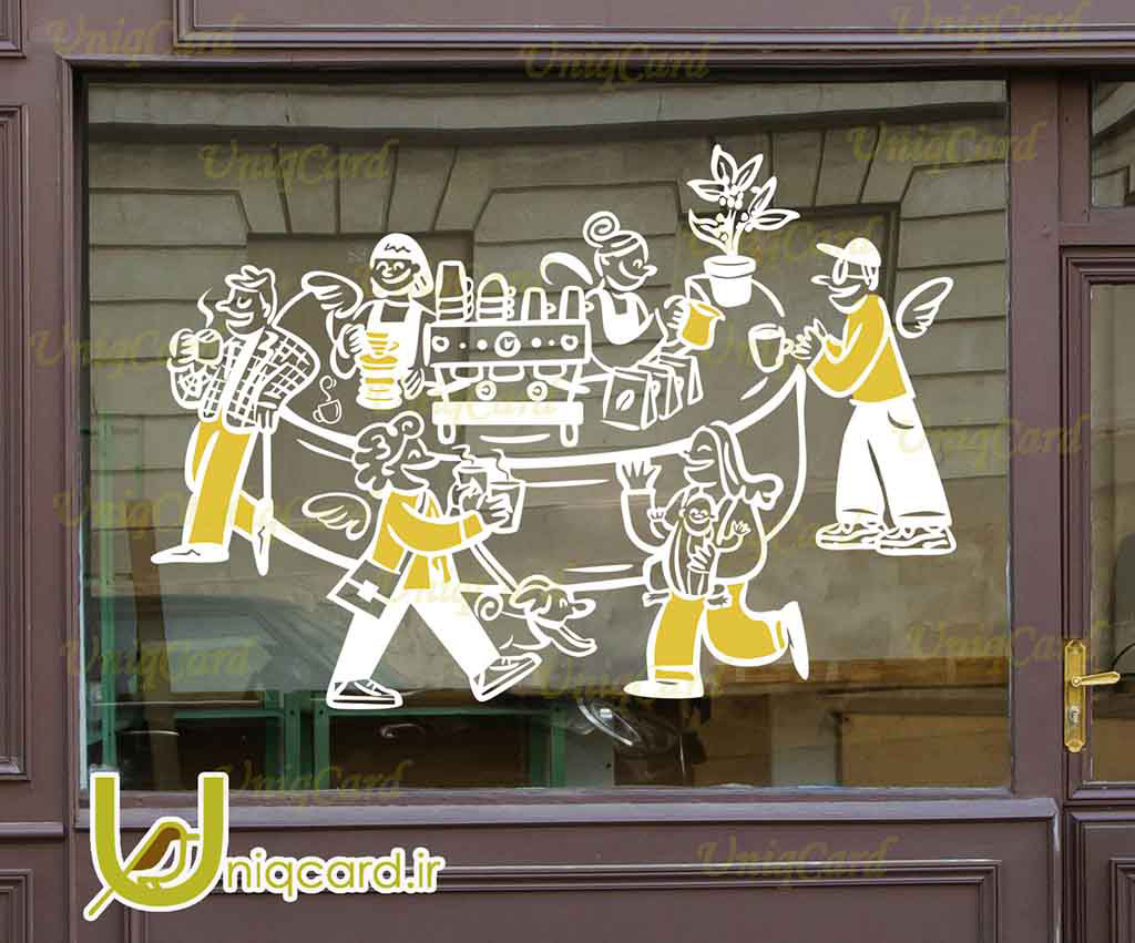 طرح لایه بازاستیکر و برچسب شیشه کافی شاپ با طرح مشتری های کافه درحال خوردن قهوه