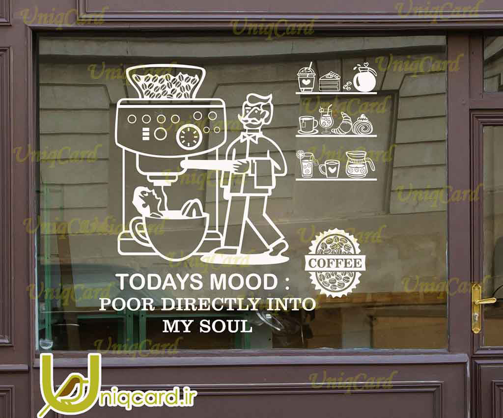 طرح لایه باز استیکر و برچسب شیشه کافی شاپ با طرح باریستامن درحال غرق کردن مشتری توی فنجون قهوه