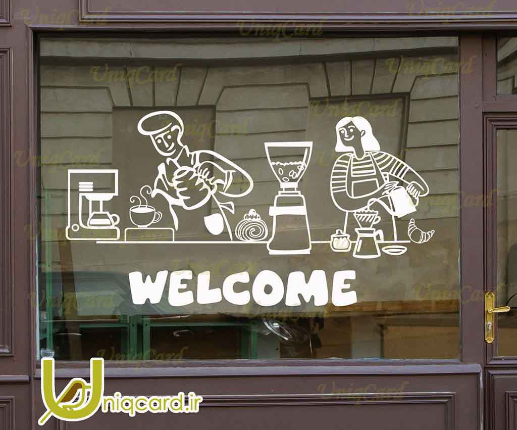 طرح لایه باز استیکر و برچسب شیشه کافی شاپ با طرح مرد و زن در کافه درحال سرو قهوه و خوش آمدید