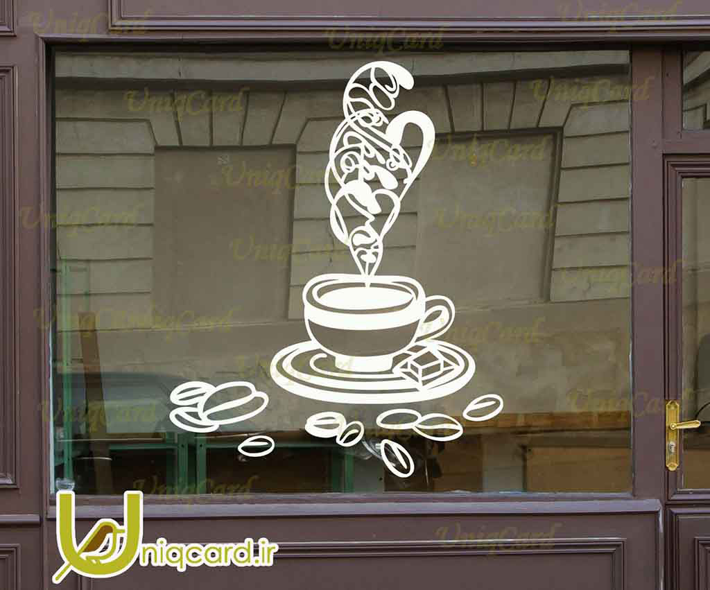 طرح لایه بازاستیکر و برچسب شیشه کافی شاپ با طرح فنجون قهوه داغ داغ