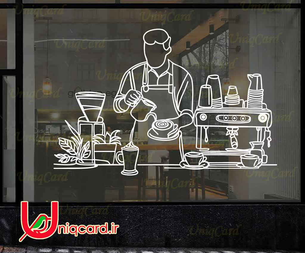 طرح لایه باز استیکر و برچسب شیشه کافی شاپ با طرح باریستا درحال ریختن قهوه و دستگاه قهوه ساز و لیوان شیک