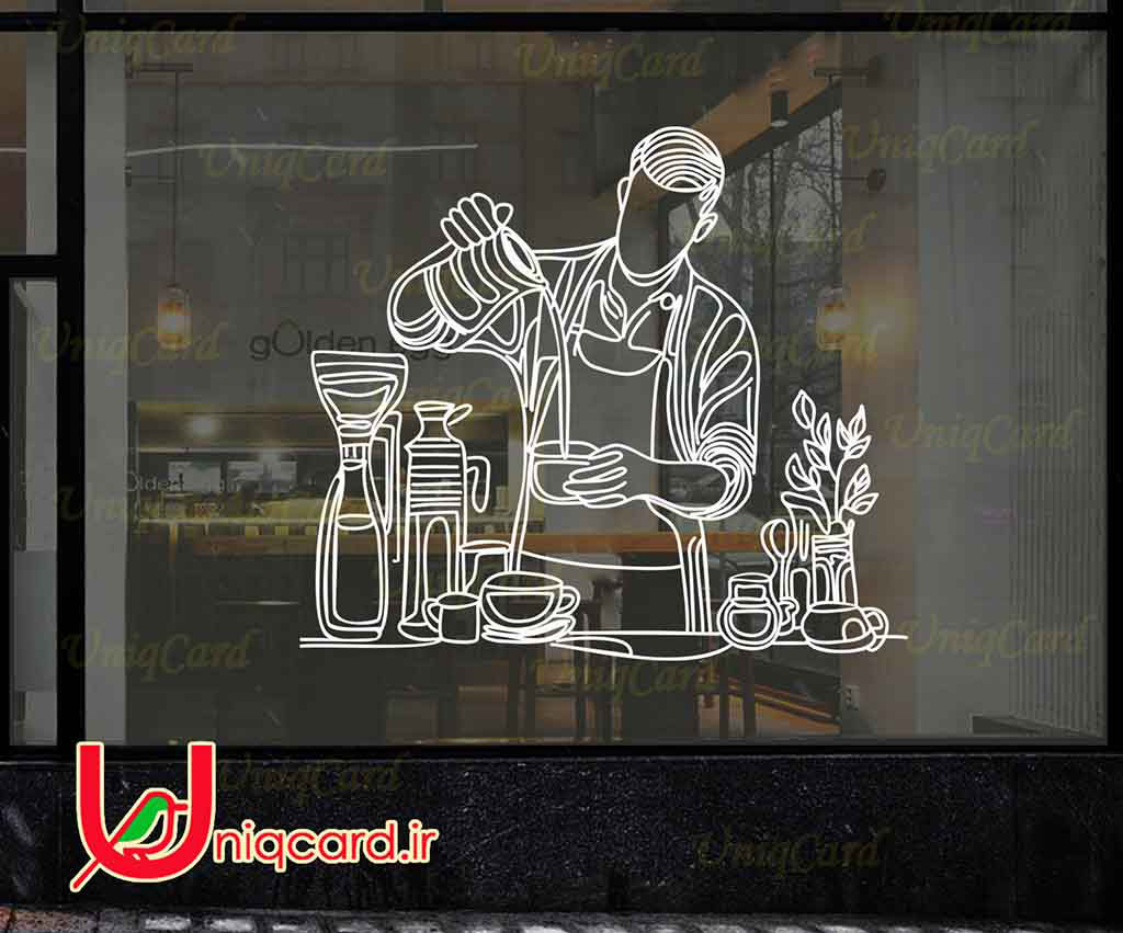 طرح لایه باز استیکر و برچسب شیشه کافی شاپ با طرح باریستا درحال ریختن قهوه و گلدون
