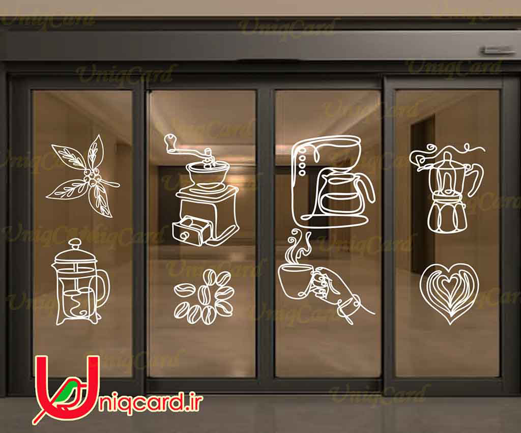 طرح لایه باز استیکر و برچسب شیشه کافی شاپ با طرح دونه و گیاه قهوه و قهوه ساز و اسپرسوساز