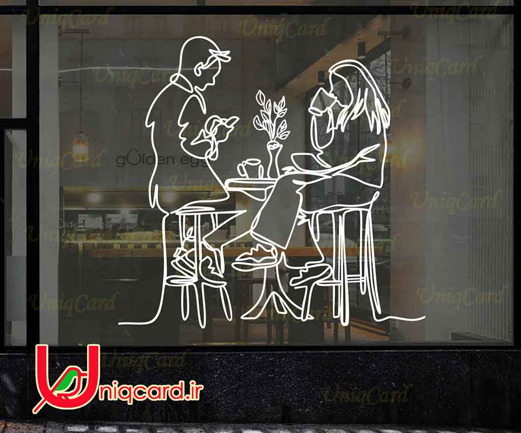 طرح لایه باز استیکر و برچسب شیشه کافی شاپ با طرح زوج مرد و زن درحال خوردن قهوه در کافه