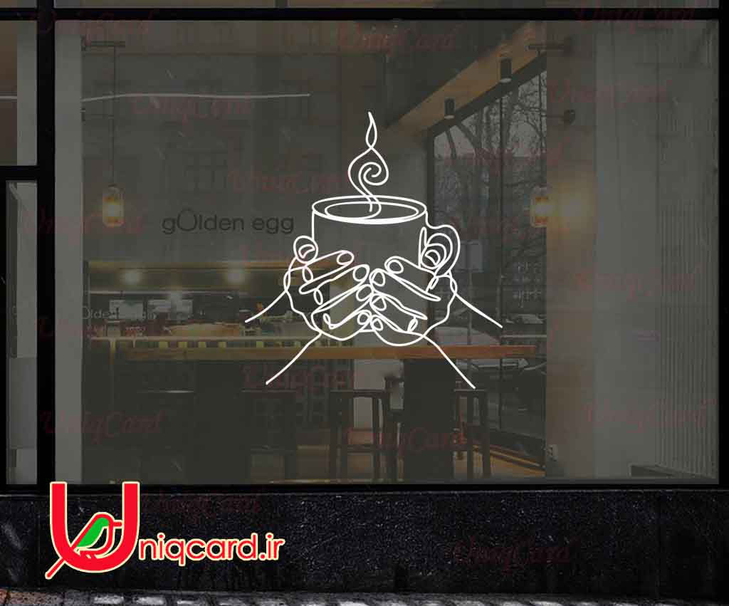 طرح لایه باز استیکر و برچسب شیشه کافی شاپ با طرح دست درحال نوشیدن قهوه