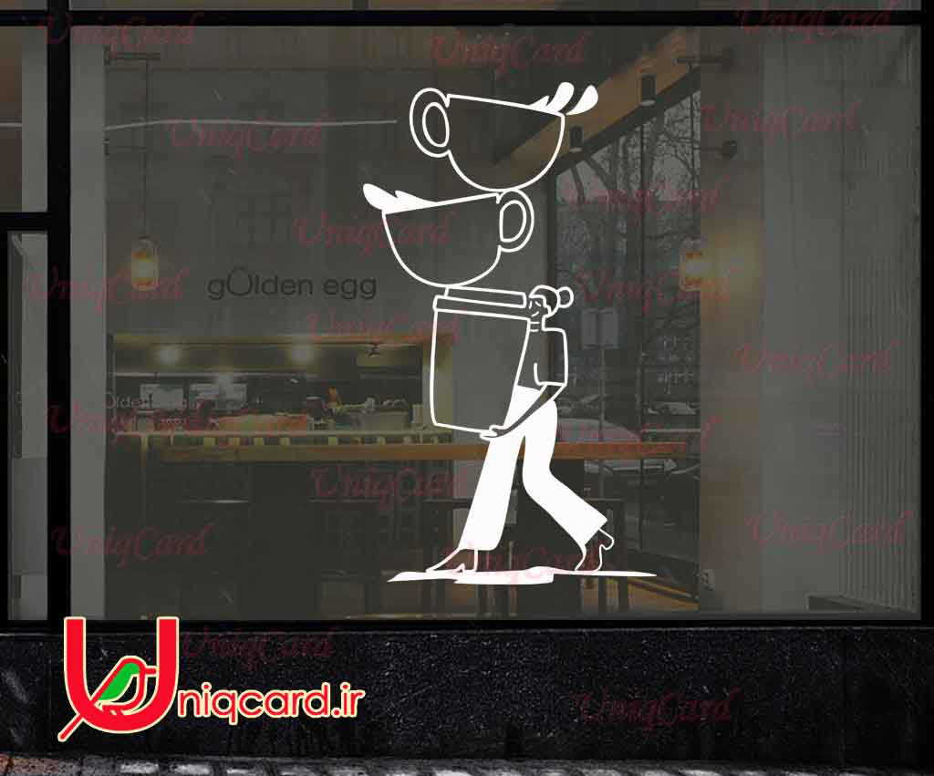 طرح لایه باز استیکر و برچسب شیشه کافی شاپ با طرح دختر درحال حمل فنجون ها
