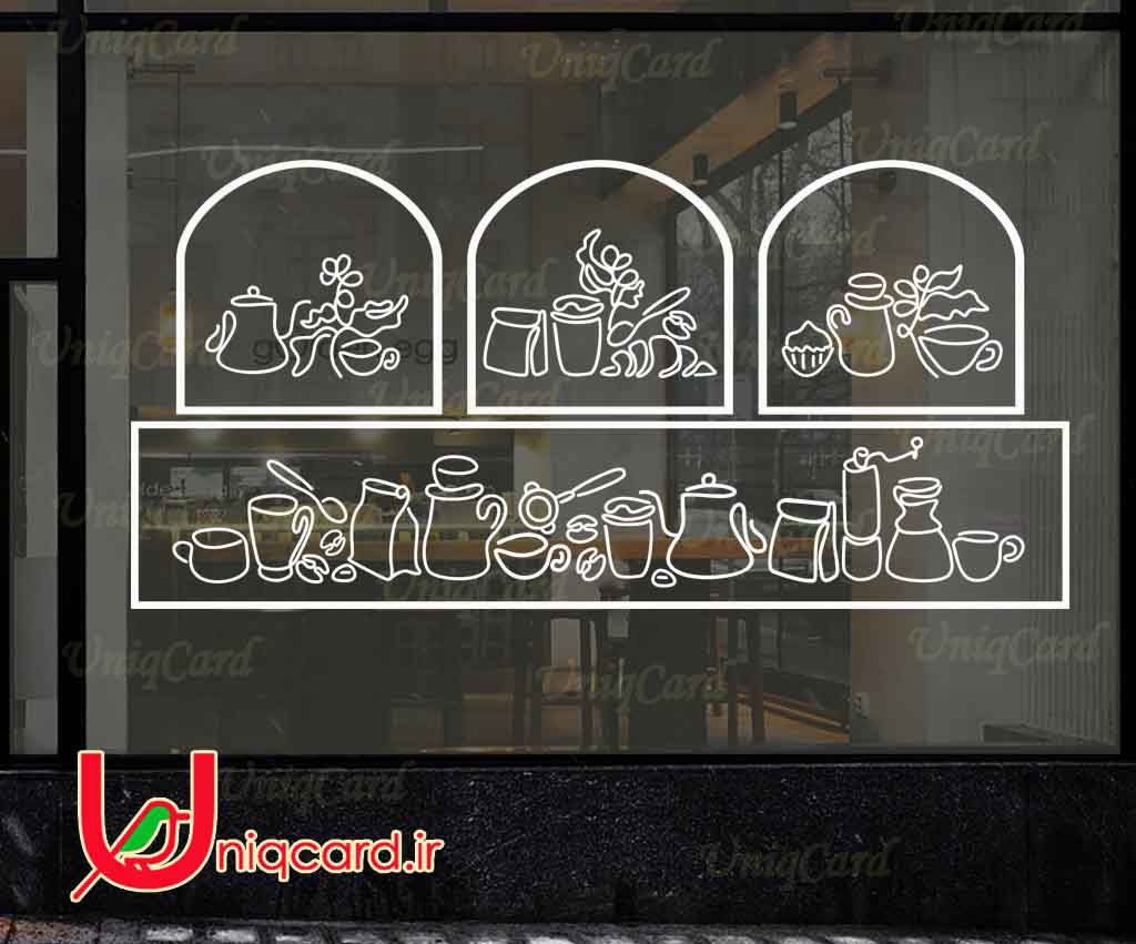 طرح لایه باز استیکر و برچسب شیشه کافی شاپ با طرح لاین آرت کافه و قهوه