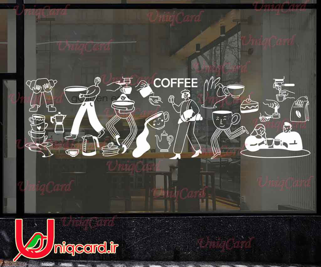 وکتور خطی استیکر و برچسب شیشه کافی شاپ با طرح دختر و پسر فنجونی با قهوه و کروسان