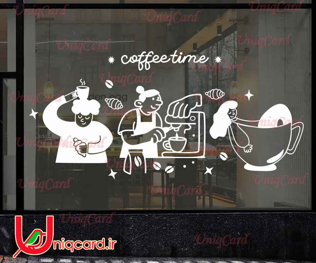 وکتور خطی استیکر و برچسب شیشه کافی شاپ با طرح دخترتوی فنجون و کافی من و کافی تایم
