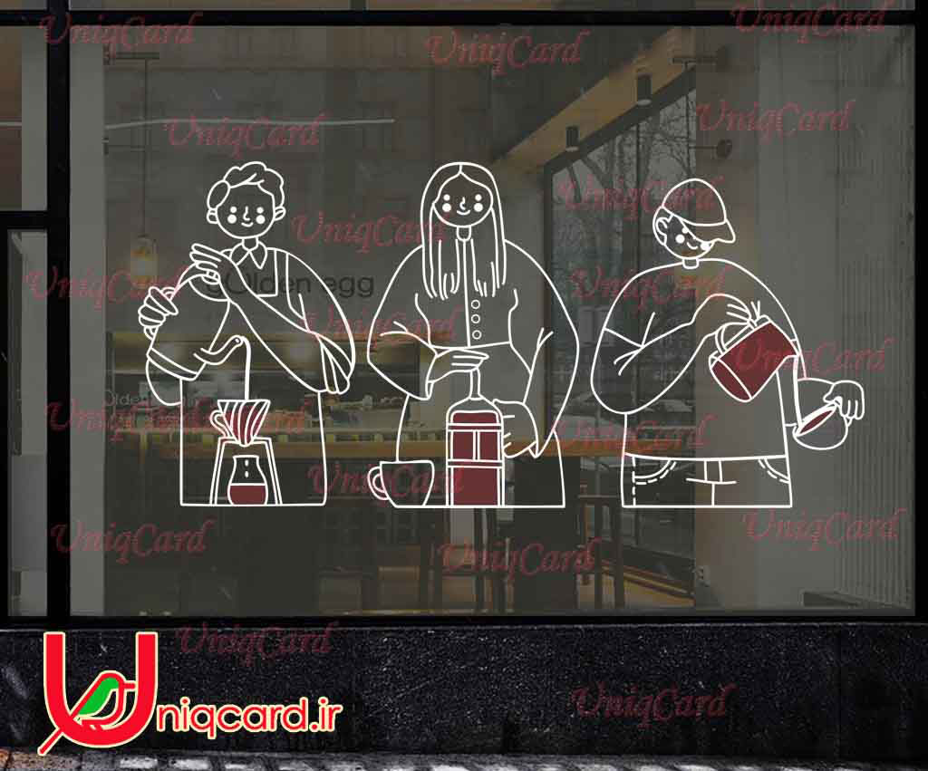 وکتور خطی استیکر و برچسب دیوار و شیشه کافی شاپ با طرح مرد و زن قهوه چی