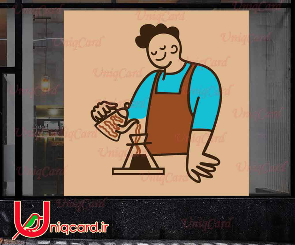 طرح لایه باز استیکر و برچسب شیشه کافی شاپ با طرح باریستامن درحال فیلترینگ قهوه