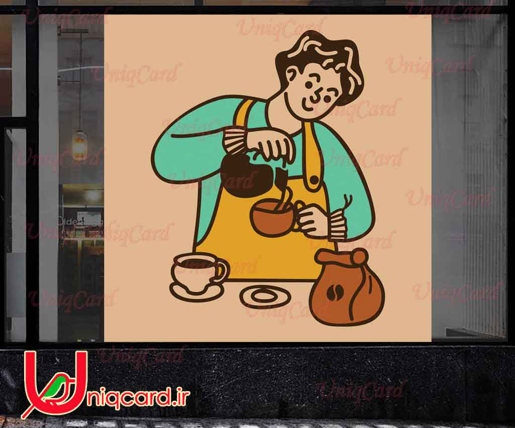 طرح لایه باز کیفیت بالا استیکر و برچسب شیشه کافی شاپ با طرح پسر باریستا درحال ریختن قهوه