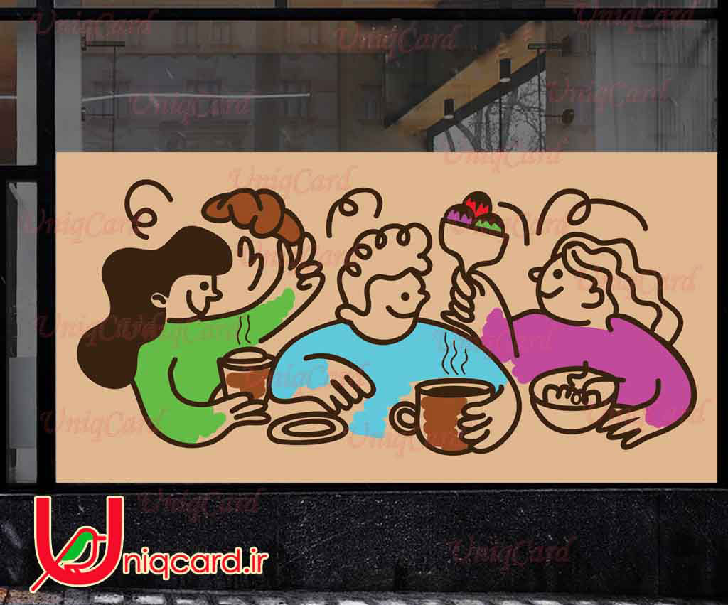 استیکر و برچسب شیشه کافی شاپ با طرح پسرها و دخترها توی کافه درحال خوردن بستنی و قهوه و کروسان
