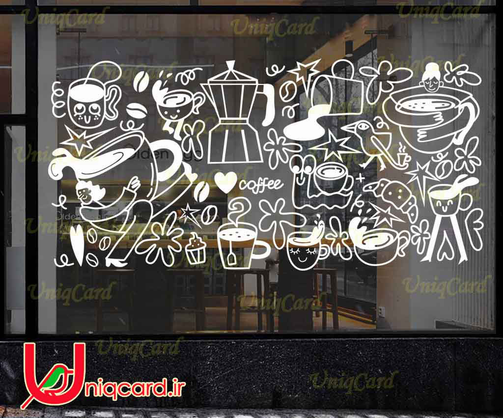 وکتور خطی استیکر و برچسب شیشه کافی شاپ با طرح مرد و زن و جوجه و حلزون فنجونی و قهوه