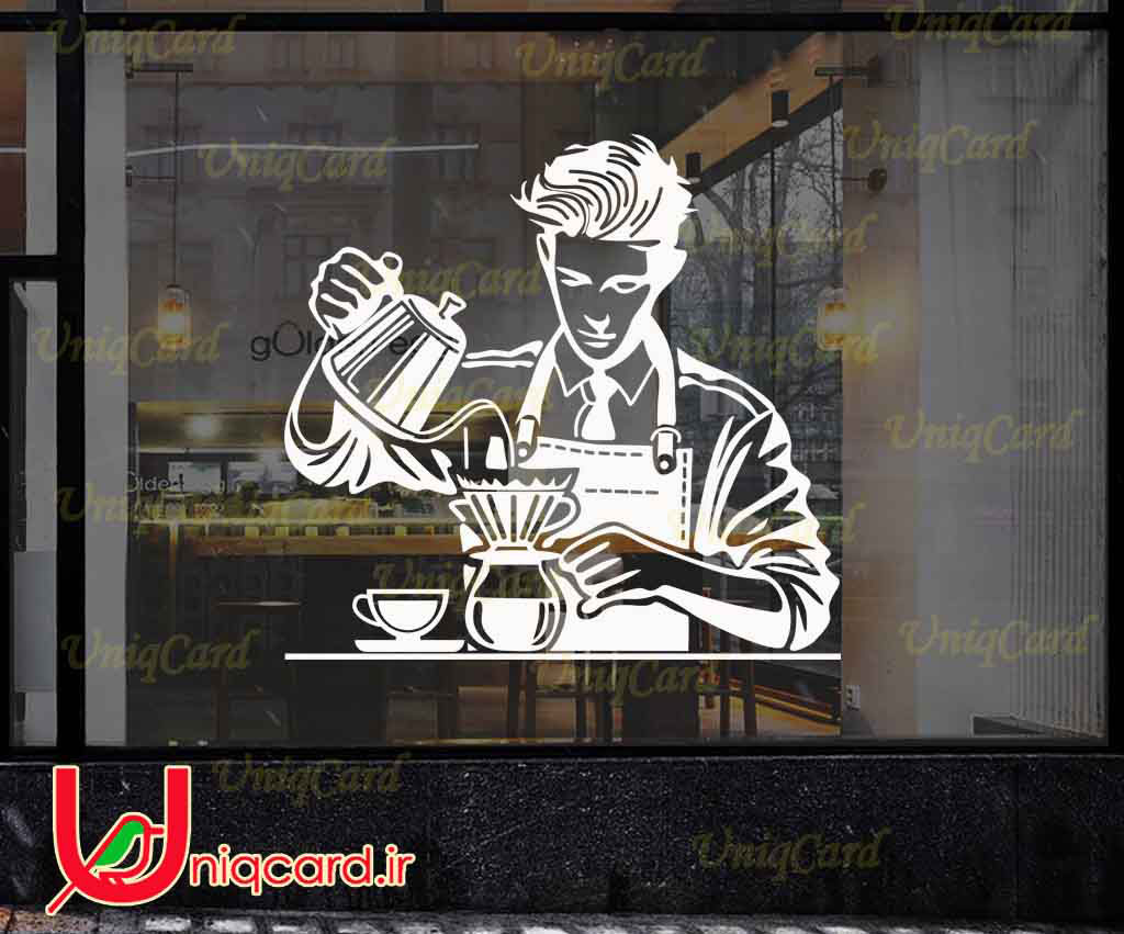 وکتور خطی استیکر و برچسب دیوار و شیشه کافی شاپ با طرح باریستامن درحال فیلترینگ قهوه