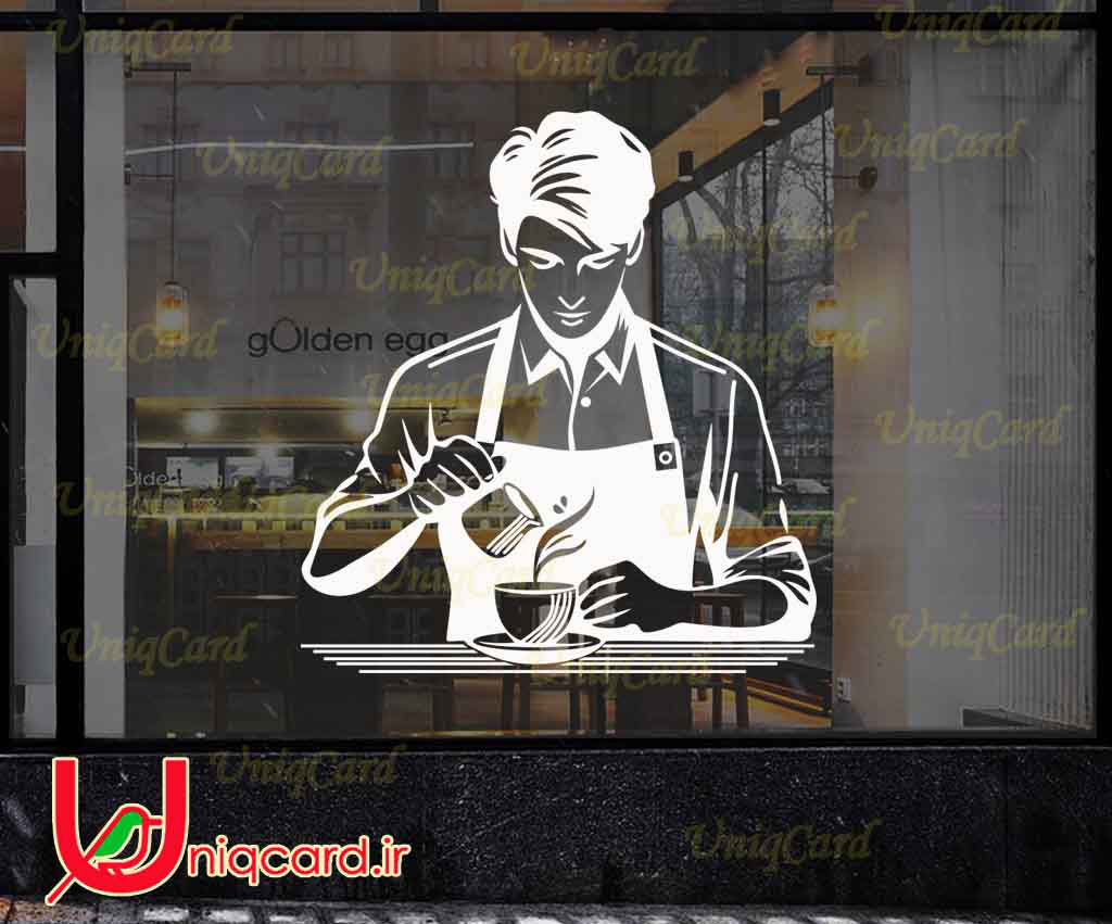 وکتور خطی استیکر و برچسب دیوار و شیشه کافی شاپ با طرح باریستامن درحال ریختن شیر توی قهوه