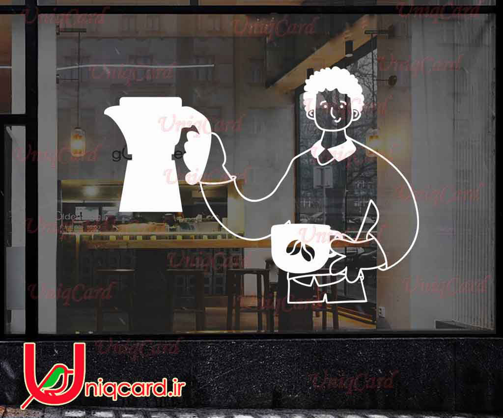 وکتور خطی استیکر و برچسب شیشه کافی شاپ با طرح باریستامن با فنجون و قهوه جوش