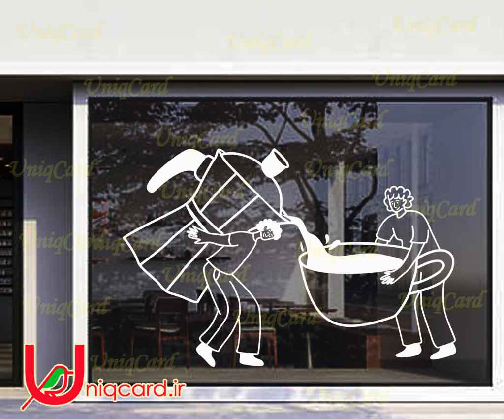 وکتور خطی استیکر و برچسب دیوار و شیشه کافی شاپ با طرح پسرها درحال ریختن قهوه