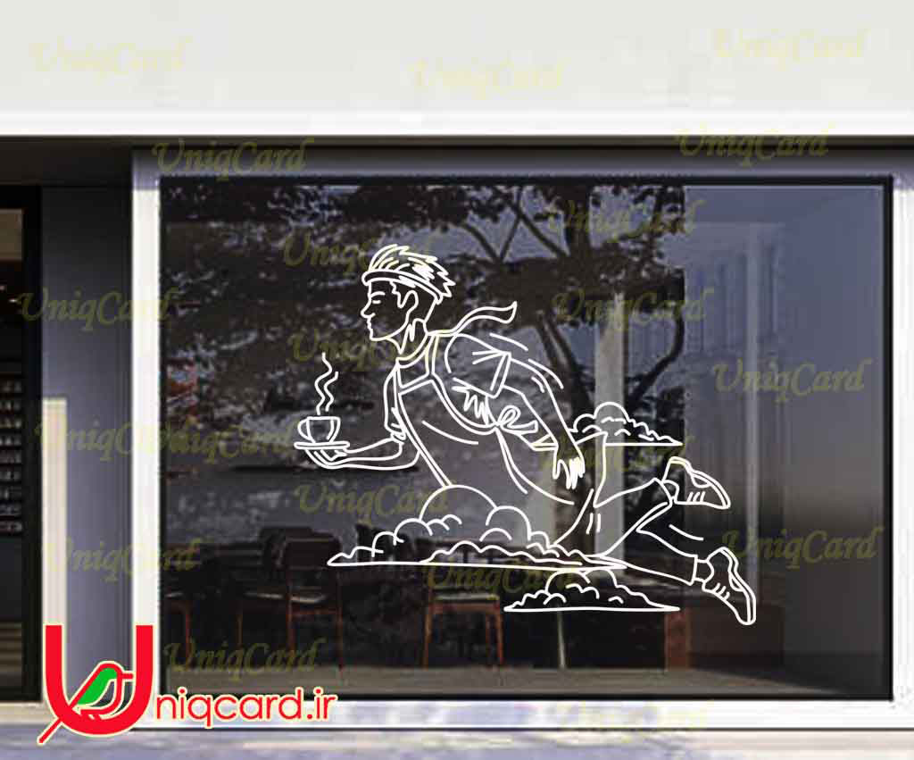 وکتور خطی استیکر و برچسب شیشه کافی شاپ با طرح پسر قهرمان درحال پرواز با فنجون قهوه