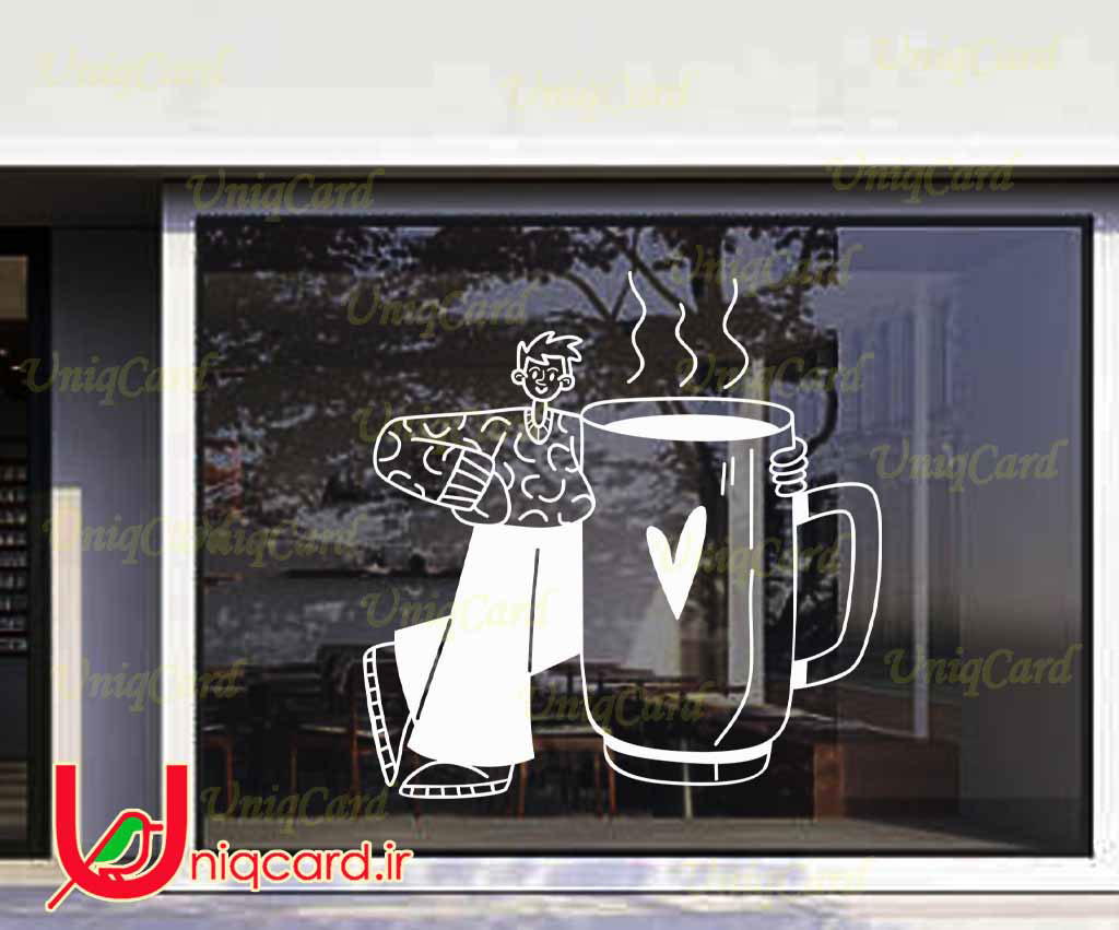 وکتور خطی استیکر و برچسب دیوار و شیشه کافی شاپ با طرح پسر و فنجون قهوه داغ