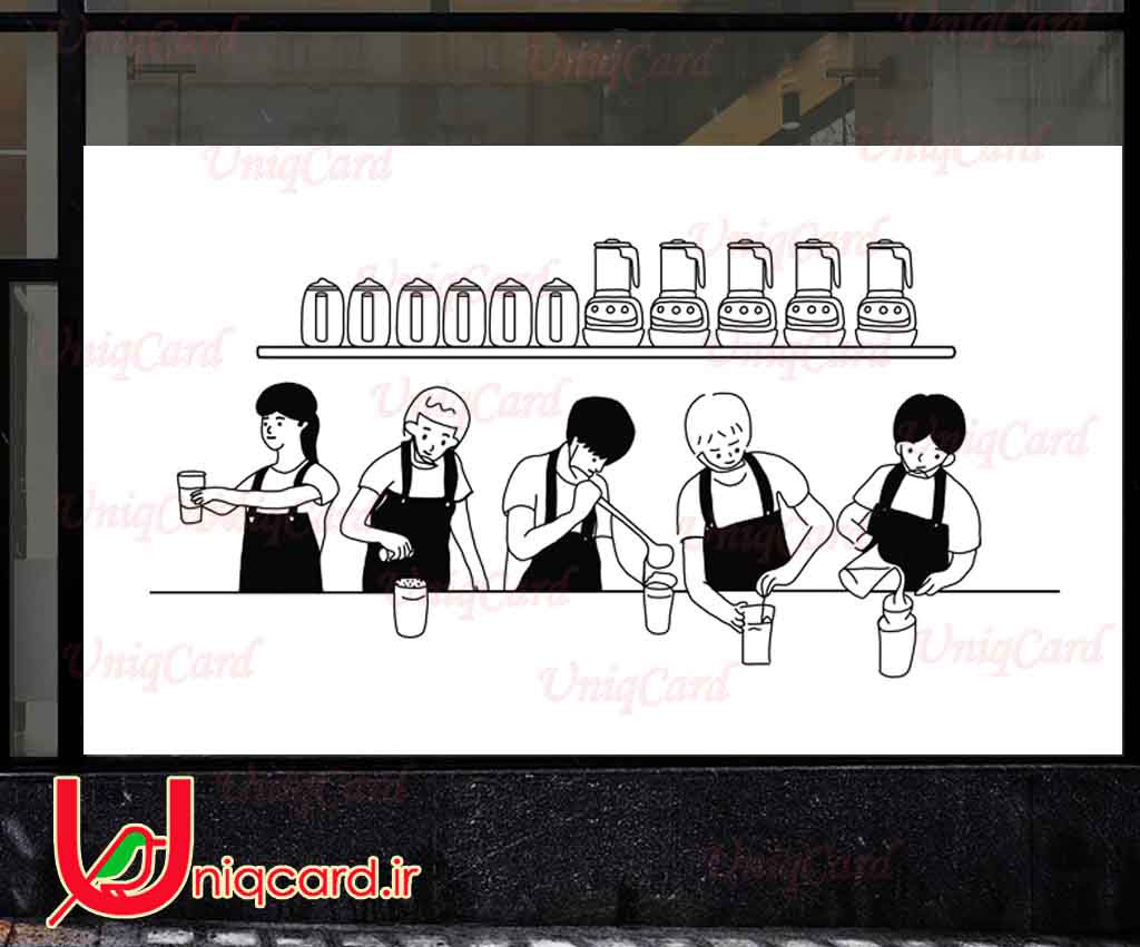 طرح لایه باز فوتوشاپ PSD استیکر و برچسب دیوار و شیشه کافی شاپ با طرح پسر و دختر باریستا