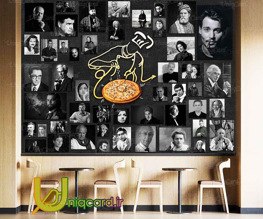 کاغذدیواری سه بعدی فست فود با طرح سرآشپز و پیتزا روی دیواری از تابلو عکس های مشاهیر