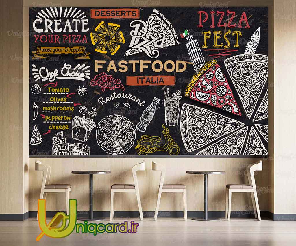 کاغذدیواری سه بعدی فست فود با طرح پیتزا و ایتالیا و منو و برج پیزا و موتور هوندا روی زمینه مشکی